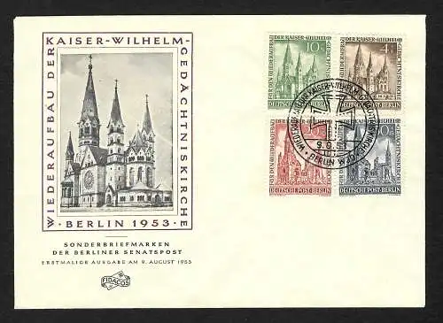 Berlin: 1953 Wiederaufbau Kaiser-Wilhelm-Gedächtniskirche, MiNr. 106-109, FDC