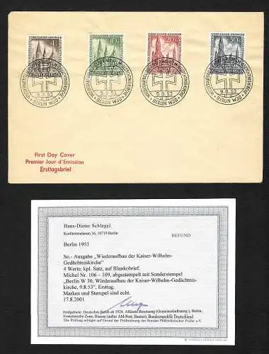 1953 Wiederaufbau Kaiser-Wilhelm-Gedächtniskirche, MiNr. 106-109 FDC, BPP Befund