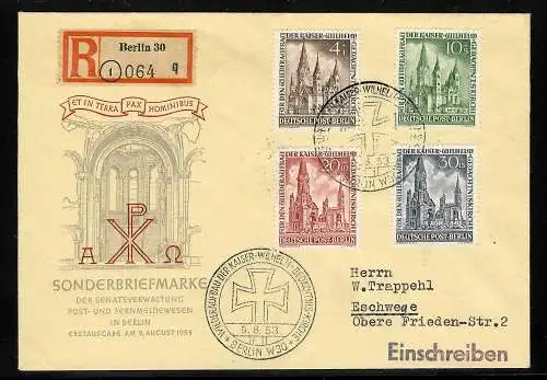 1953 Wiederaufbau Kaiser-Wilhelm-Gedächtniskirche MiNr.106-109 FDC, BPP Attest