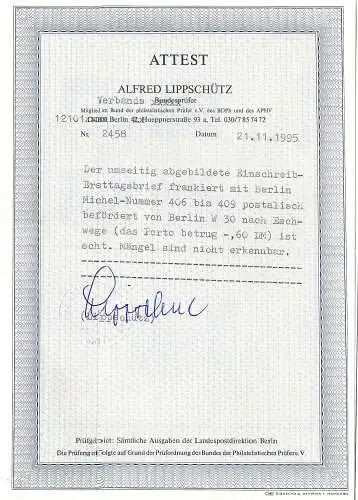 1953 Wiederaufbau Kaiser-Wilhelm-Gedächtniskirche MiNr.106-109 FDC, BPP Attest