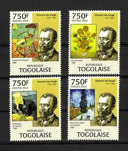 Togo: Vincent van Gogh, 4 Briefmarken, postfrisch