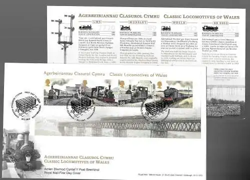 GB: Classic Locomotives of Wales, Klassische Lokomotiven, FDC mit Einlageblatt