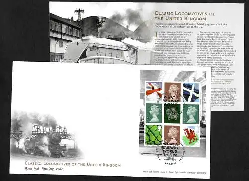 GB: Classic Locomotives of UK, Klassische Lokomotiven, FDC mit Einlageblatt