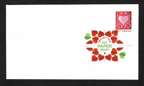 USA: 2014 Cut paper Heart, coeur, FDC New York NY, Tampon de couleur