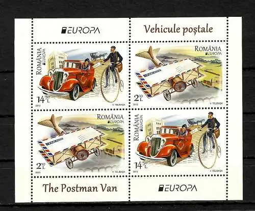 Roumanie: The Postman Van, véhicules postaux, Vehicle Postale Europe, bloc **