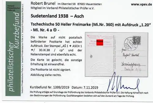 Sudetenland 1938 - Asch: MiNr. 4a, gestempelt auf AK Zeltlager