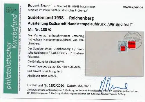 Sudetenland: MiNr. 138 mit Handstempelaufdruck, gestempelt Reichenberg 1938