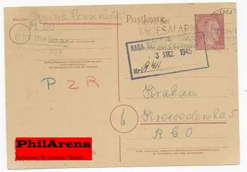 Ganzsache Weimar nach Krakau 28.12.44, Ankunft Krakau 3.1.45, MiNr. P314 III