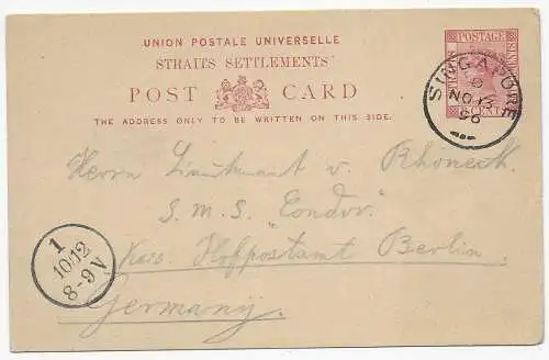 Singapore: Straits Settlements 1896, post card S.M.S. Condor,  MSP #10