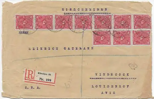 DR: Einschreiben München, MeF nach Windhoock, DSWA, 1923