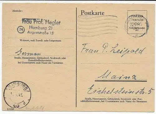 Britische Zone: Postkarte Prepaid Hamburg 1945 nach Mainz