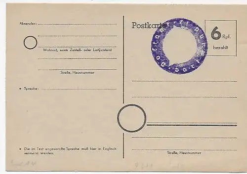 Britische Zone: Postkarte P671,  6 Rpf. bezahlt, Negativstempel 