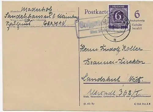 Postkarte Sandelhausen nach Landshut 1946