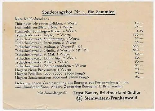 BiZone: Postkarte Drucksache Steinwiesen nach landshut, Nachgebühr 1946