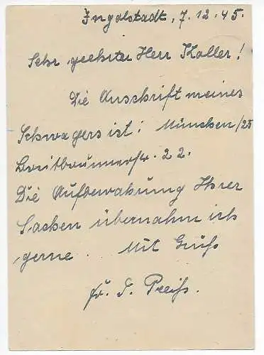 Carte postale 5 Rpfg, frais payés Ingolstadt selon Landshut 1945