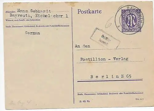 BiZone: Postkarte Gebühr bezahlt Bayreuth nach Barlin 1946