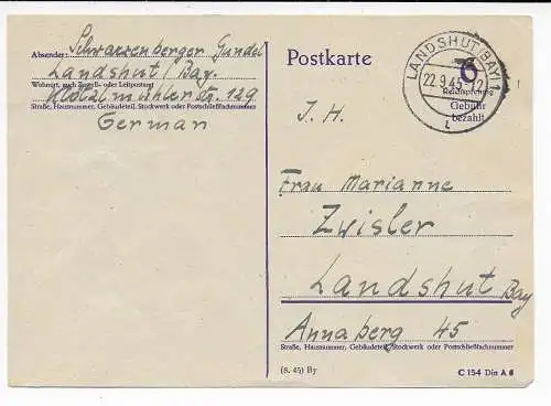 Postkarte Gebühr bezahlt Landshut 1945