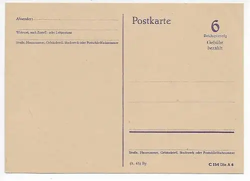 Carte postale 6 Rpfg - frais payés, blanc