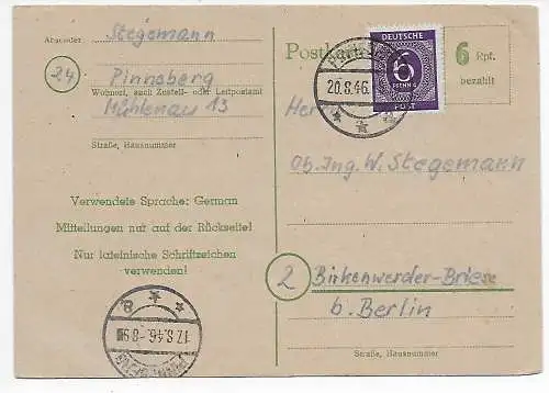 Postkarte Pinneberg nach Birkenwerder-Briese, 1946