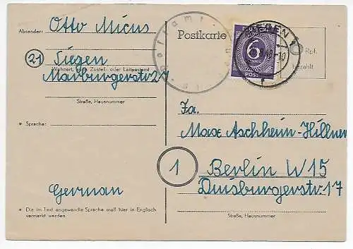 Carte postale Siegen vers Berlin, timbre postal 1946