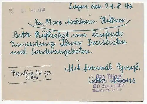 Postkarte Siegen nach Berlin, Postamtstempel 1946