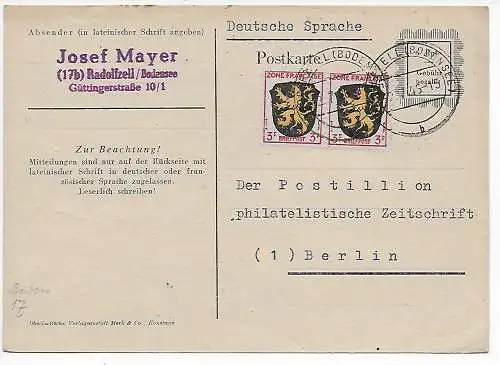 Franz Zone: Carte postale numéro 835 AI de Radolfzell à Berlin 1945