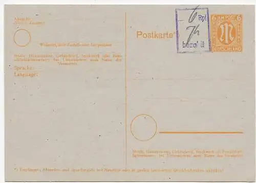 BiZone: Carte postale 6 Rpfg. payée, blanc