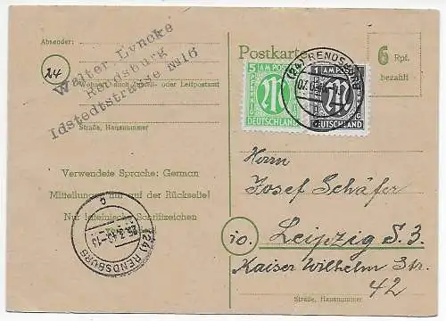 BiZone: Carte postale Rendelsbourg vers Leipzig, 1946