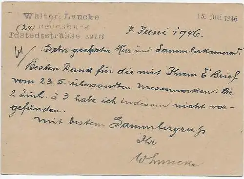 BiZone: Postkarte Rendelsburg nach Leipzig, 1946