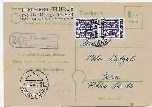 BiZone: Postkarte Agentur Tatenhausen über Rendsburg nach Gera, 1946