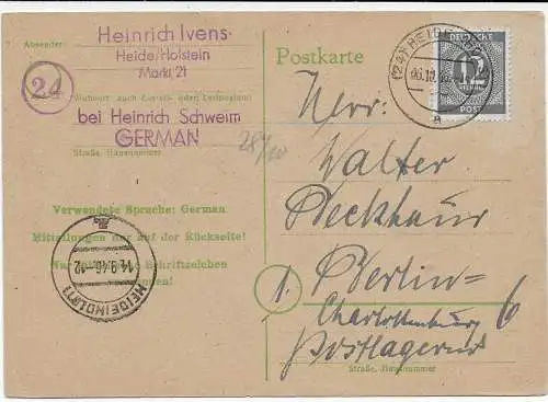 Carte postale Heide/Holstein vers Berlin, 1946