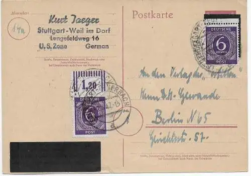 Carte postale Stuttgart Weil-im-Vorf vers Berlin, 1947