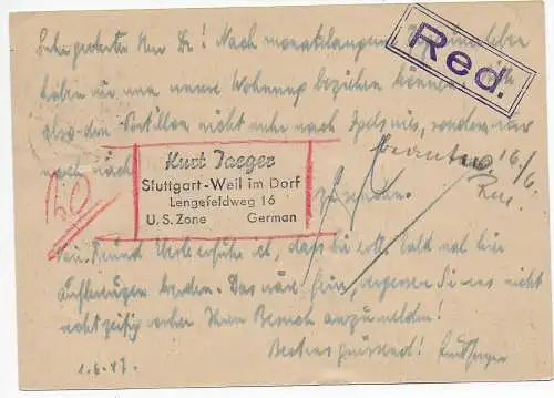 Postkarte Stuttgart Weil-im-Dorf nach Berlin, 1947