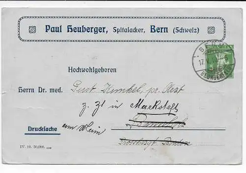 Schweiz: Bern 1910 nach Bannholz Beundenfeld/Marktstedt, Drucksache: Pastillen