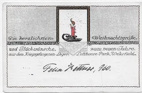PoW/Kgf: Postkarte mit Kerze, GB Lofthouse-Park Wakefield nach Leipzig/Dresden 