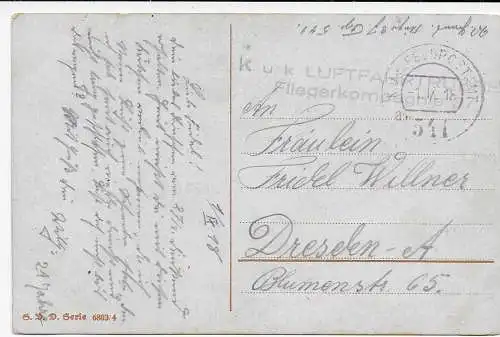 Österreich: Bildpostkarte KuK Luftfahrt Fliegerkompanie 1918 nach Dresden