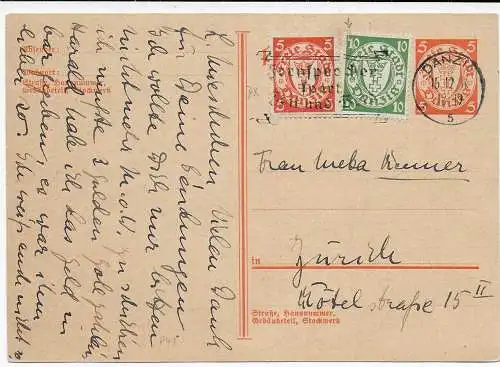 Danzig: Ganzsache mit Zusatzfrankatur nach Zürich, 1933