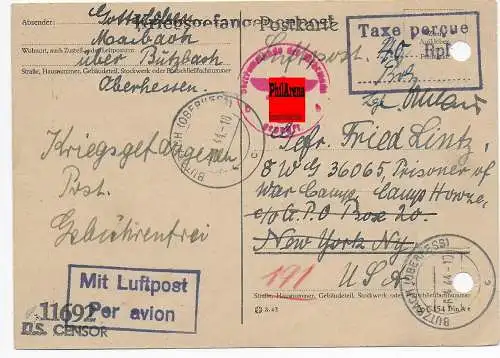 DR: Kgf/PoW: Luftpost Butzbach nach New York War Camp, OKW censorship 1944