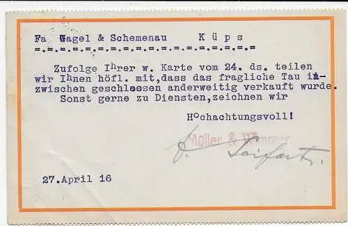 DR: Firmenkarte Schlotheim nach Küps, 1916, Seile, Taue, Turngeräte