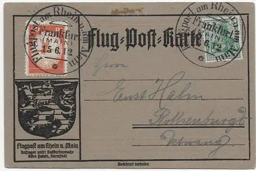 DR: Carte de vol postal: billet d'avion sur le Rhin et le Main pour Rothenburg, 1912