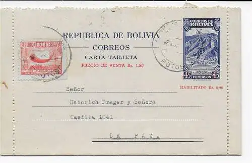 Bolivien: Kartenbrief Potosi nach La Pax, 1945