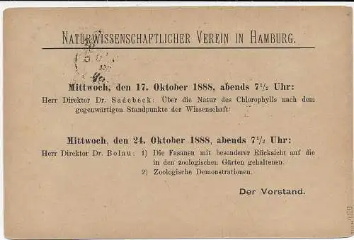 DR: Lettre de ville Hambourg 1888, Zuschrägs Naturswissenschaftsverein