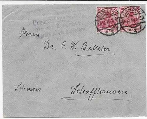 Gdansk: Lettre à Schaffhouse 1916 avec censure Gdansk