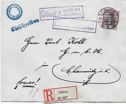 DR: Einschreiben Dülken nach Chemnitz, 1915 mit Zensur Crefeld