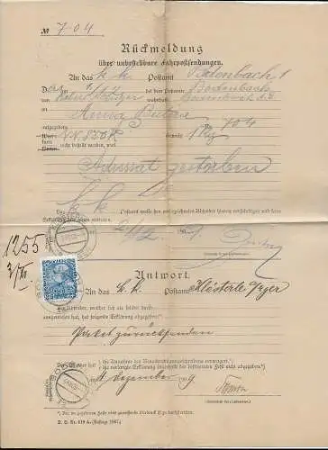 Österreich: Rückmeldung unzustellbare Fahrpostsendung 1909, Bodenbach