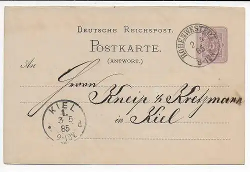 DR: Ganzsache Hohenwestedt 1885 nach Kiel, Schleswig Holstein, P13 A A