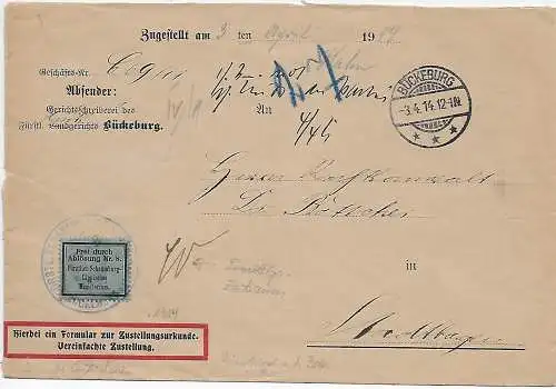 DR: Bückeburg Landgericht, Zustellungsurkunde 1914 nach Stadthagen, Zettel