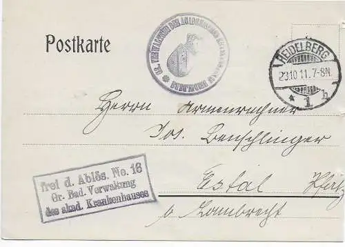 DR: Postkarte Heidelberg-Estal, Frei durch Ablösung 1911, Krankenkasse