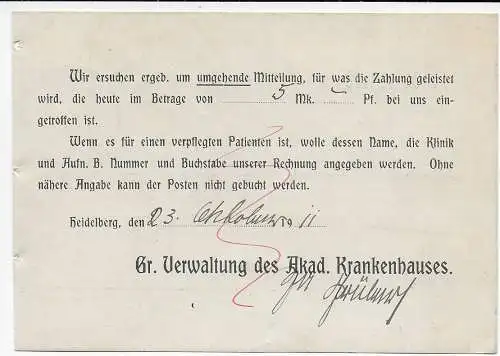 DR: Postkarte Heidelberg-Estal, Frei durch Ablösung 1911, Krankenkasse