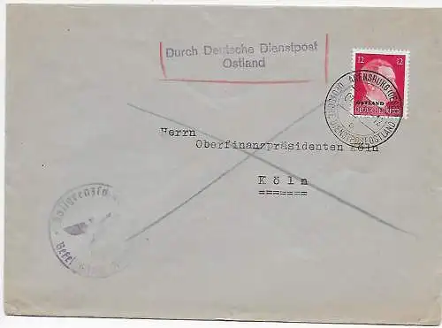 DR: Dienstpost Ostland, Arensburg nach Köln, Zollgrenzschutz 1943